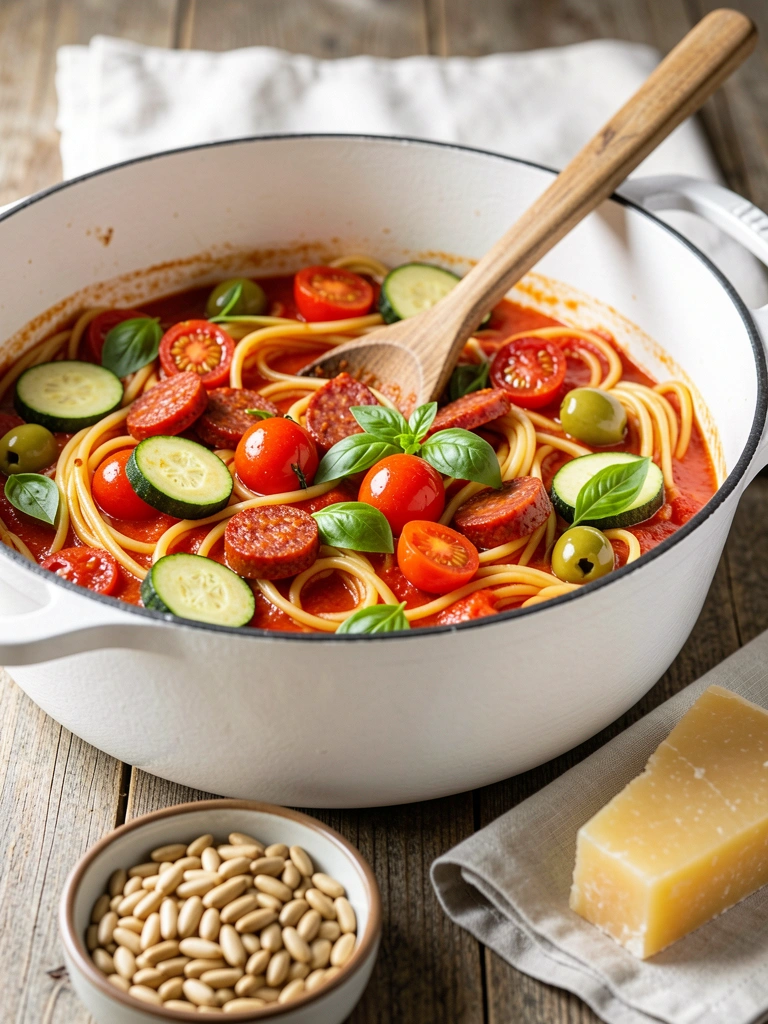 Panela de ferro branca com espaguete ao molho vermelho, tomates-cereja, abobrinha, linguiça, azeitonas e manjericão; colher de madeira, tigela com pinhões e cunha de parmesão ao lado.