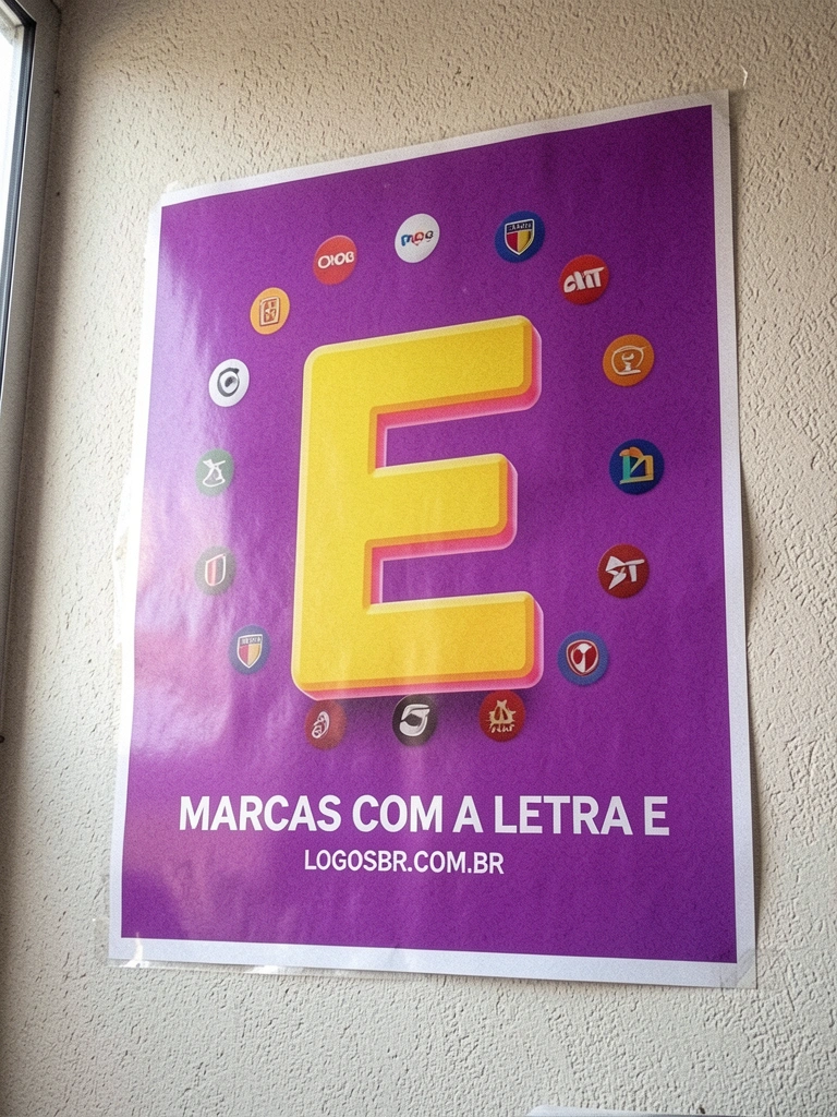 Letra E tridimensional cercada por ícones de marcas famosas