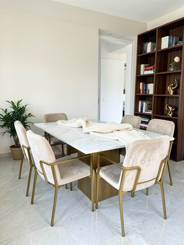 Mesa de jantar de madeira escura com tampo de mármore e oito cadeiras estofadas em tom neutro.