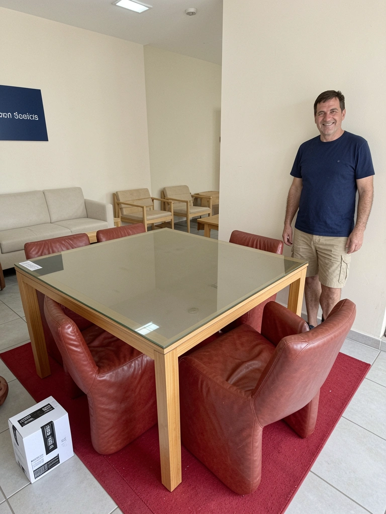 Mesa de jantar de madeira escura com tampo de mármore e cadeiras estofadas em tom neutro.