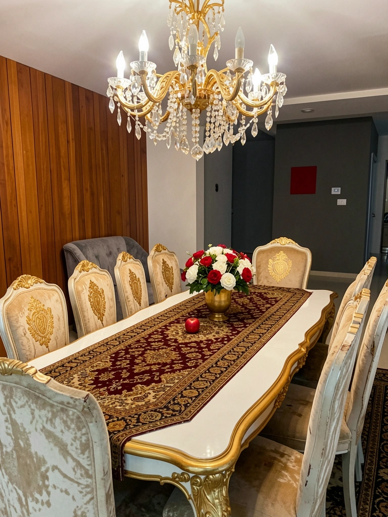 Mesa de jantar de madeira escura com tampo de mármore e oito cadeiras estofadas em sala ampla.