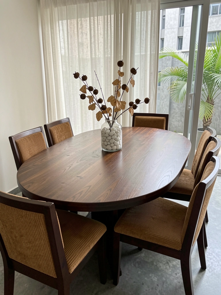 Mesa de jantar de mármore branco com pernas em madeira escura e cadeiras estofadas em tom neutro.