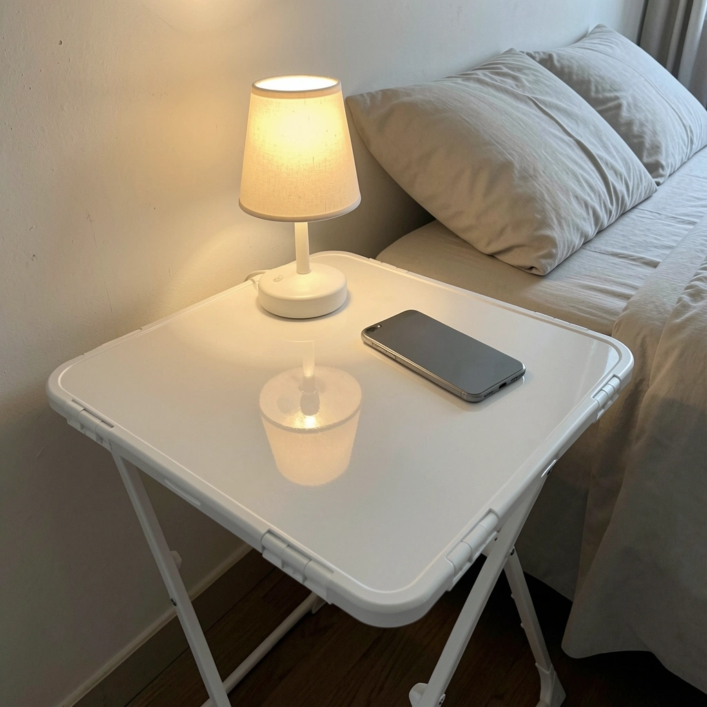 Mesa plástica branca ao lado da cama com abajur e celular sobre ela