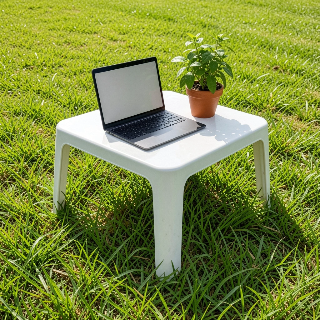 Mesa compacta de plástico com notebook e vaso de planta
