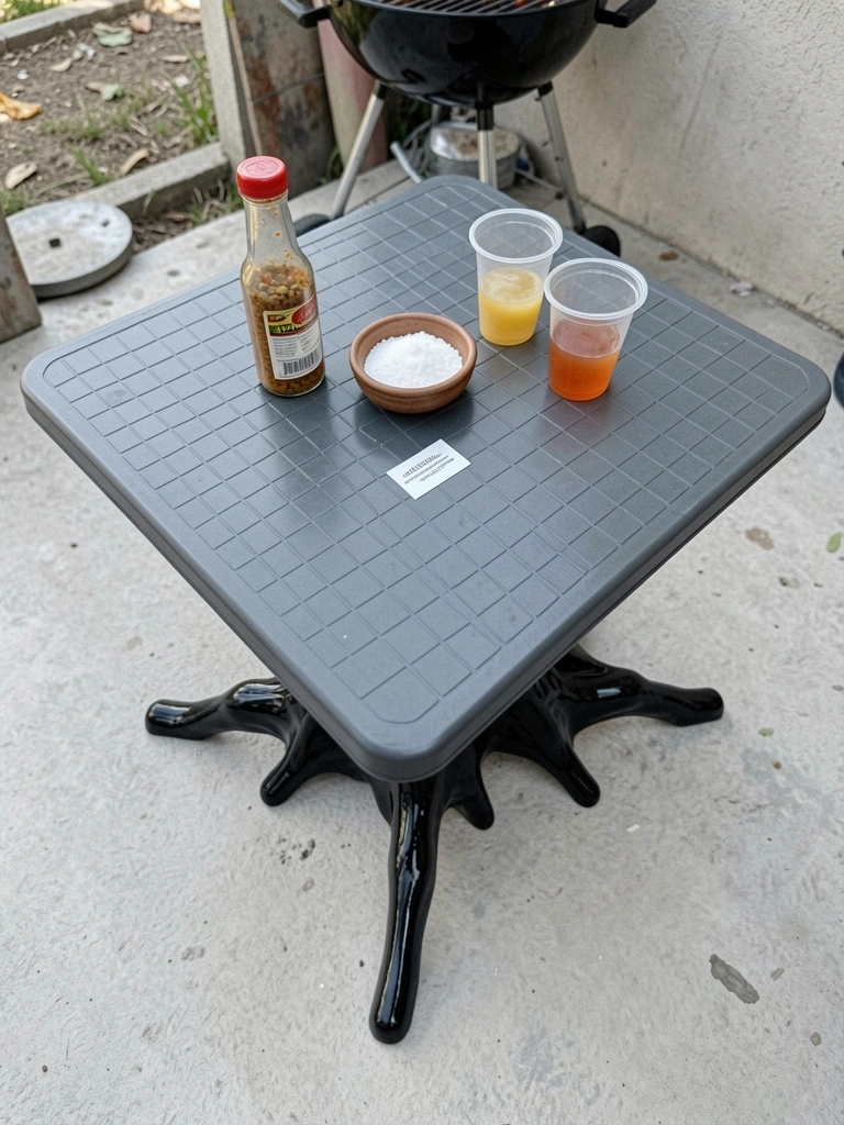 Mesa plástica pequena com temperos e copos em área de churrasqueira