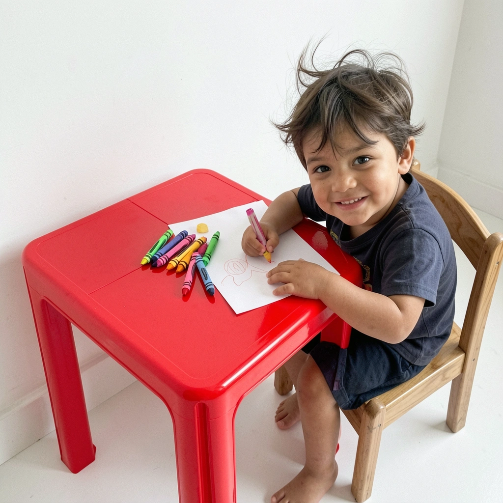 Criança desenhando em mesa plástica colorida