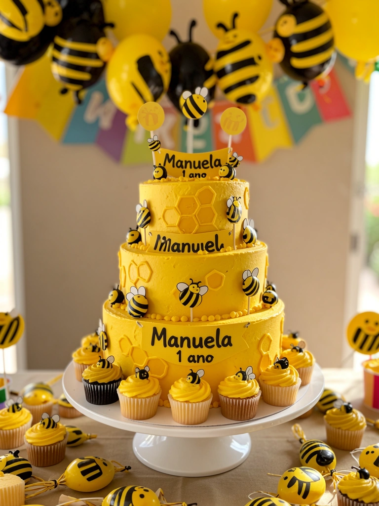 Bolo de três andares com abelhas amarelas e pretas, faixa "Manuela 1 ano", cupcakes e balões em formato de abelha, luz natural.