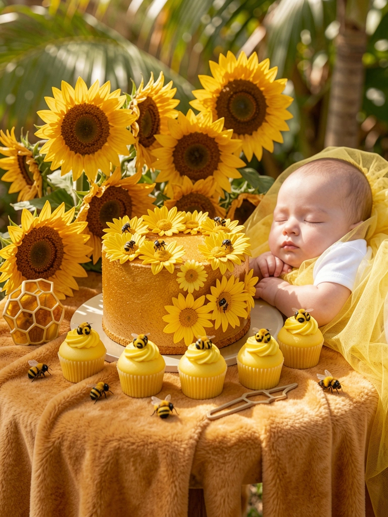 Bolo dourado decorado com margaridas amarelas e abelhas, mini cupcakes com toppers de abelha, girassóis em uma mesa redonda, cobertor mel e bebê dormindo ao lado, luz natural.
