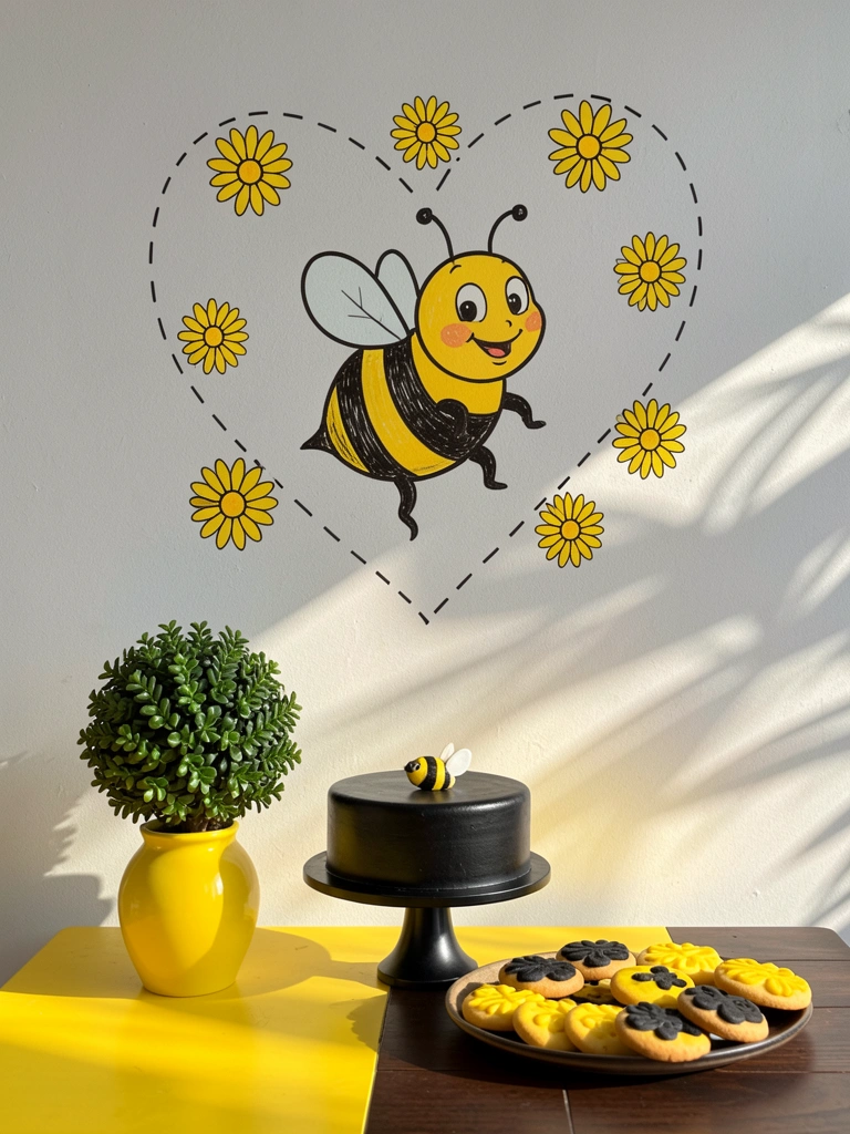 Abelha cartunesca riscada em coração tracejado na parede cinza, bolo preto com abelha, vaso amarelo com buxinho e biscoitos amarelos e pretos em bandeja, luz natural.