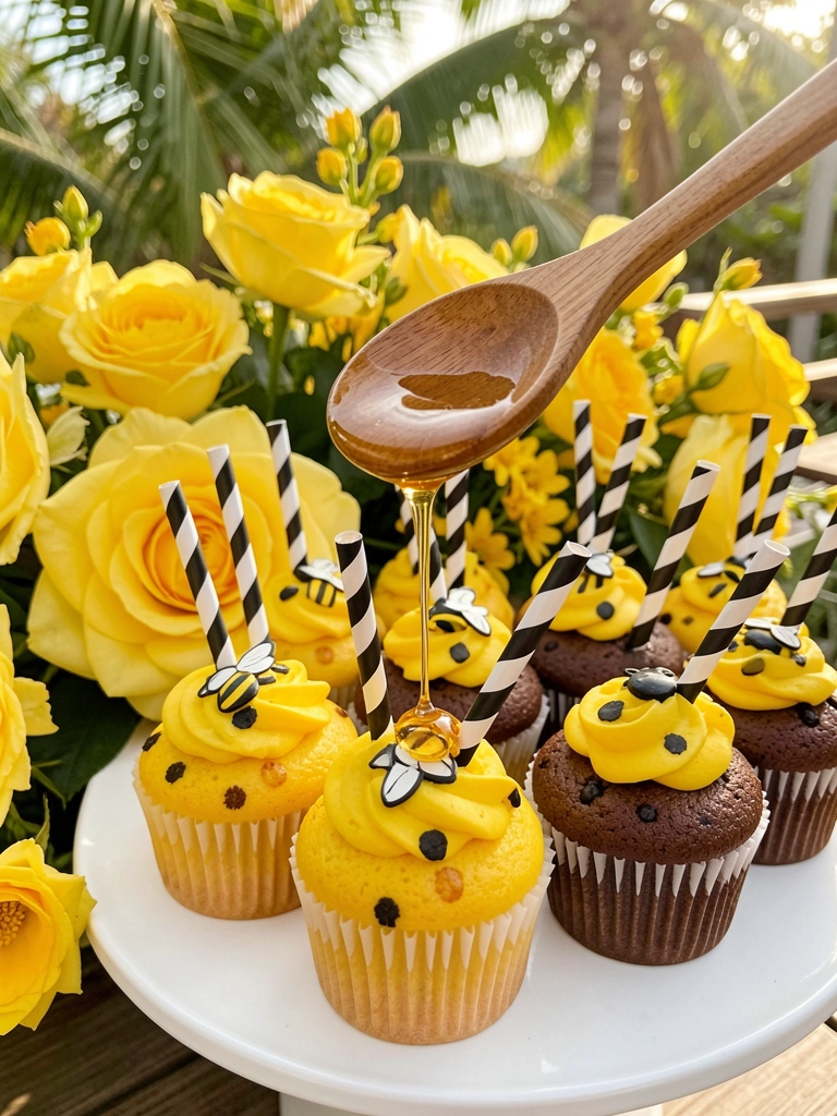 Colher de madeira com mel escorrendo sobre bandeja de cupcakes amarelos e marrons com motivos de abelha, palhas listradas e rosas amarelas ao fundo.