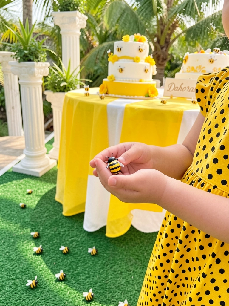 Criança com vestido amarelo de bolinhas pretas segurando abelha de brinquedo, mesa decorada com bolo de abelhas e luz natural.