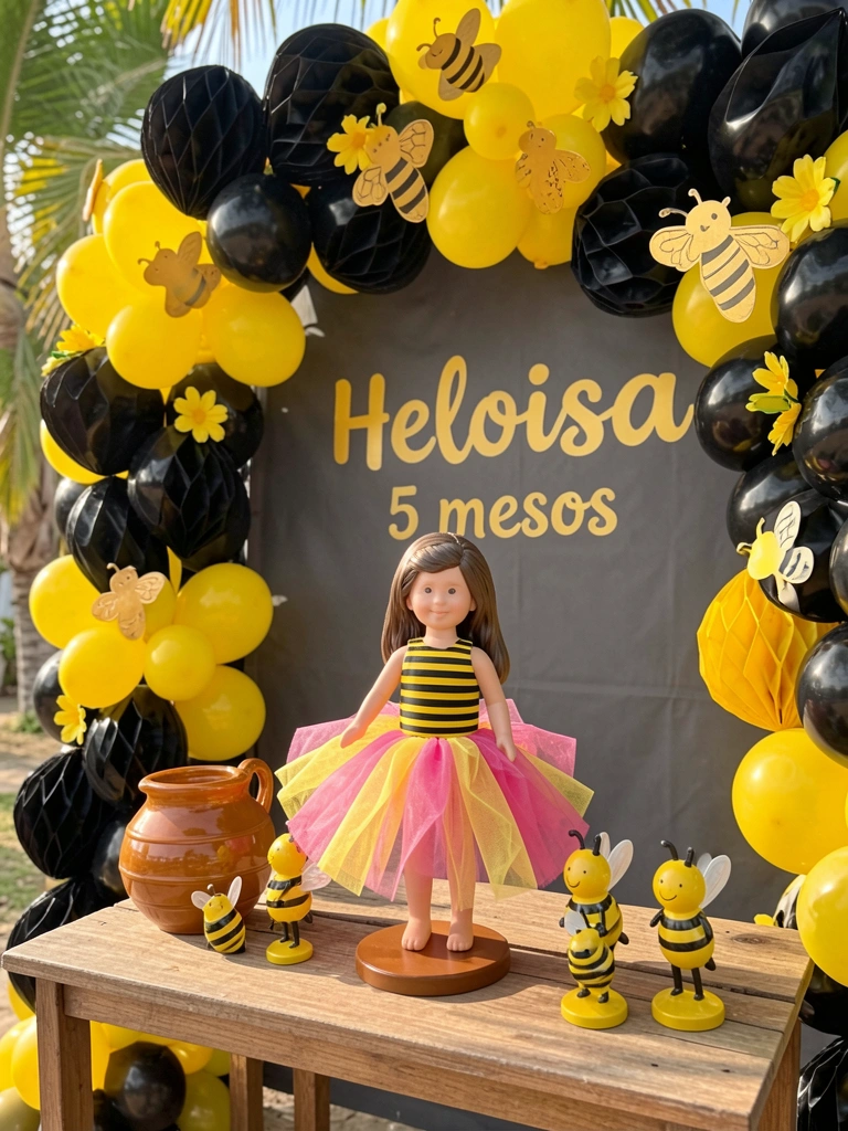 Arco de balões honeycomb pretos e amarelos com abelhas douradas, mesa de madeira com pote de mel e abelhinhas, boneca de saia pink e amarela ao centro, fundo cinza escuro com letreiro 