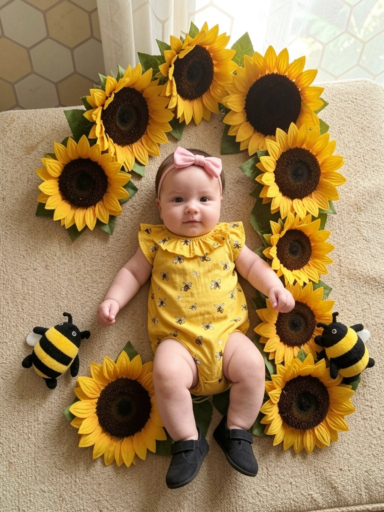 Bebê de macacão amarelo com estampa de abelha deitada em superfície texturizada bege, cercada por girassóis formando o número 1, abelhas de pelúcia nas laterais e parede com colmeia.