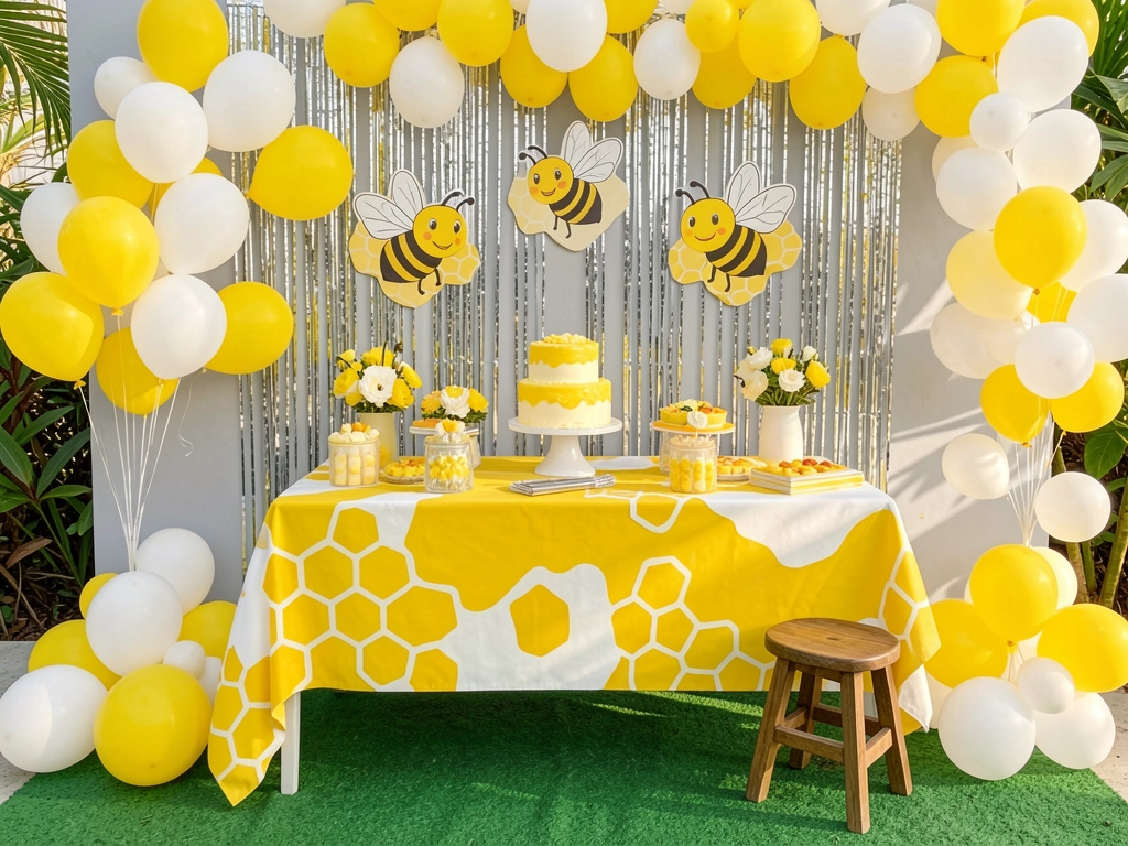 Mesa decorada com toalha amarela e branca, bolo de dois andares com glacê amarelo, balões amarelos e brancos ao fundo, parede cinza com serpentinas prateadas e decorações de abelhas.