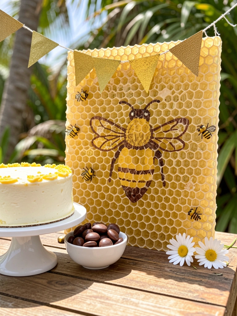 Painel decorativo de favo de mel com abelhas douradas, bolo branco com glacê amarelo em suporte, luz natural quente.