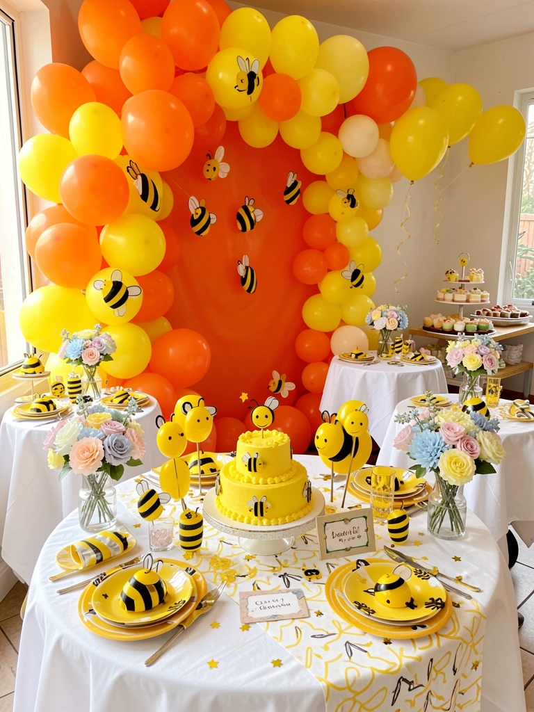 Arco de balões laranja e amarelo, mesa com bolo decorado de abelhas e doces, luz natural.