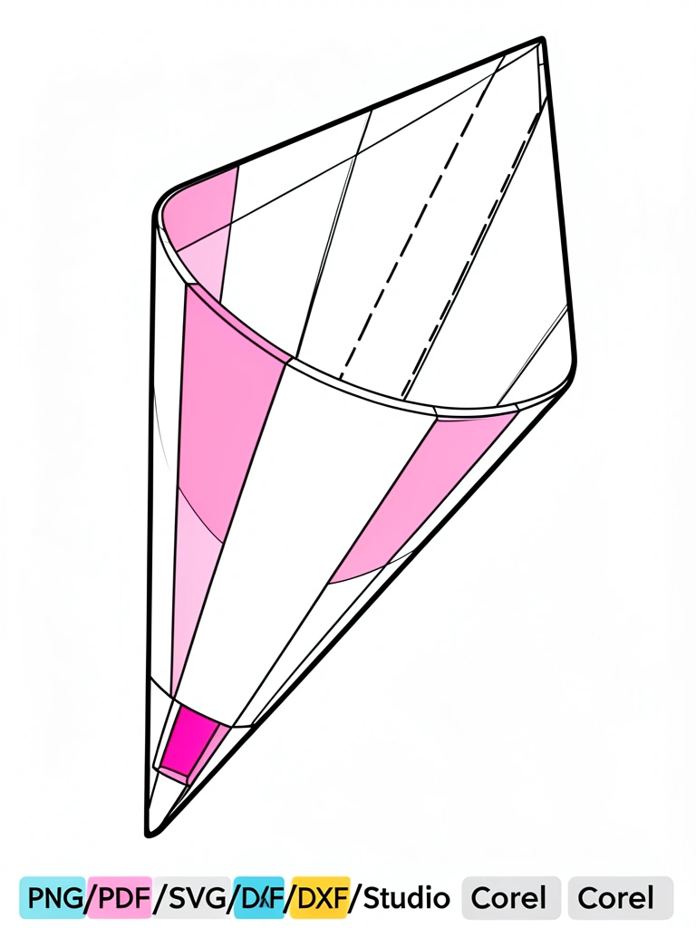 Cone de papelão rosa e branco parcialmente desdobrado, com recorte retangular na base, linhas precisas em preto e branco, fundo branco puro.
