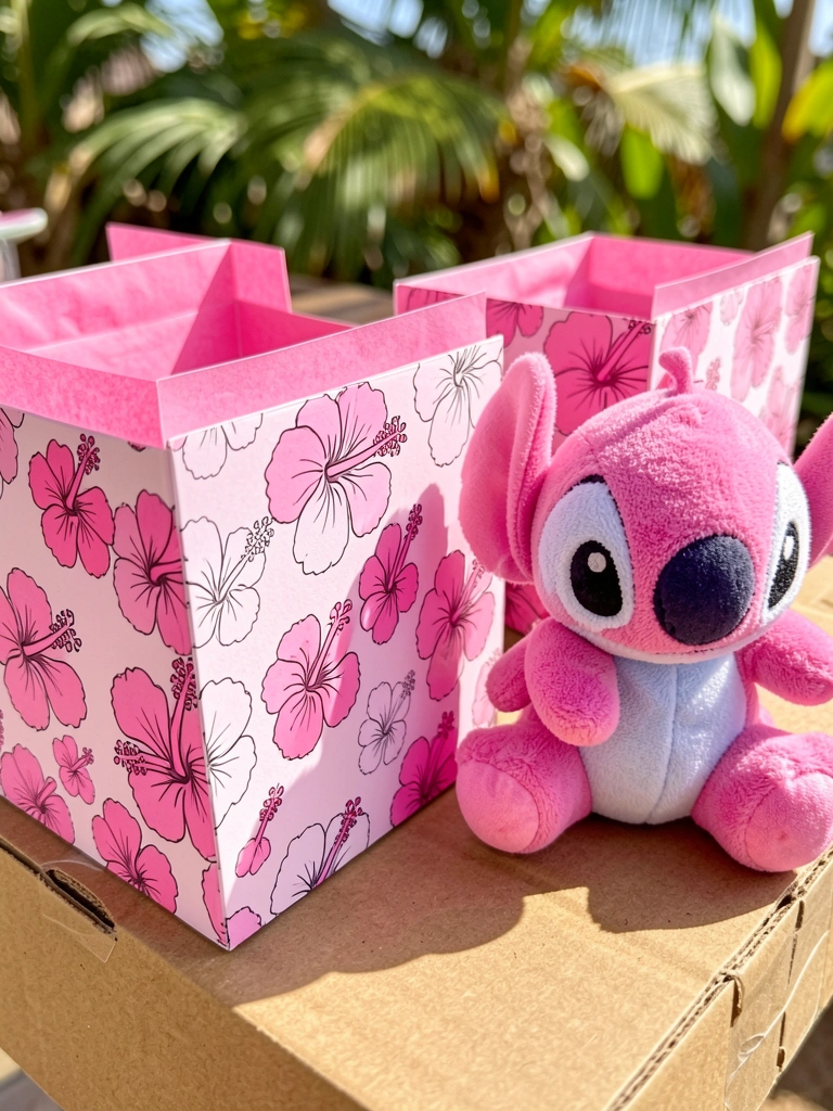 Caixas de papel rosa com estampa de hibiscos e pelúcia Stitch sobre papelão texturizado, luz natural tropical.