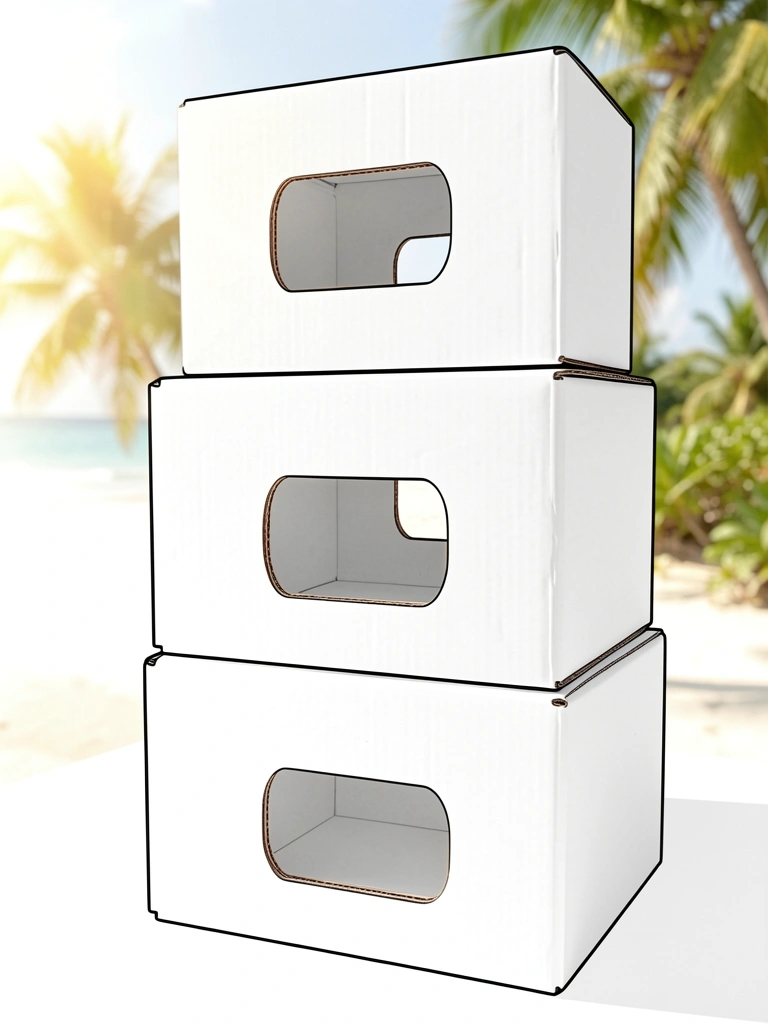 Três caixas de papelão branco empilhadas verticalmente, com recortes retangulares na frente, luz natural e fundo claro.