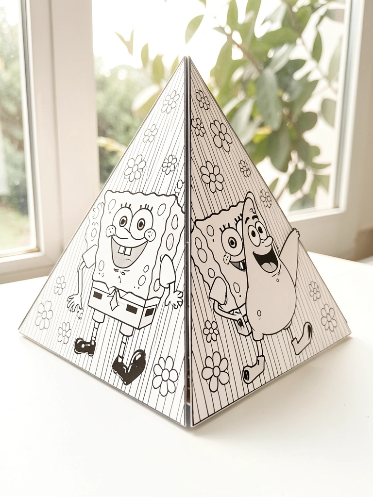 Caixa de papel artesanal em preto e branco, formato piramidal, com SpongeBob e Patrick inclinados, luz natural e folhagem ao fundo.