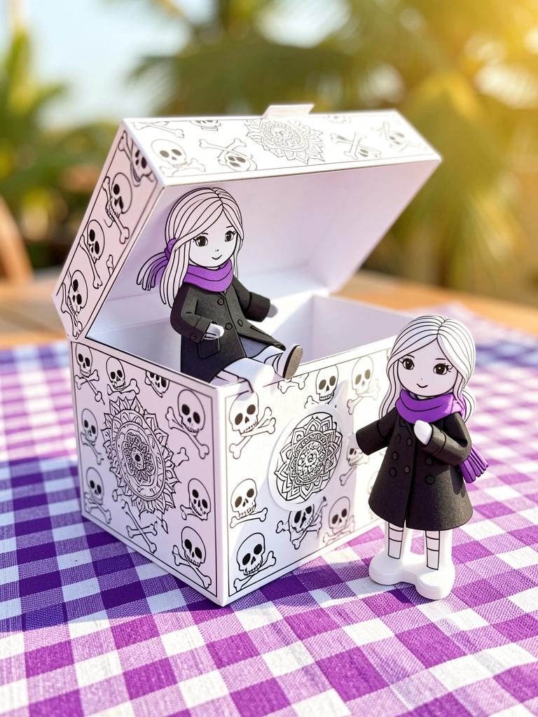 Caixa de papel com caveira e mandala, mini boneca de casaco escuro e cachecol roxo, toalha xadrez roxa e branca, luz natural suave.