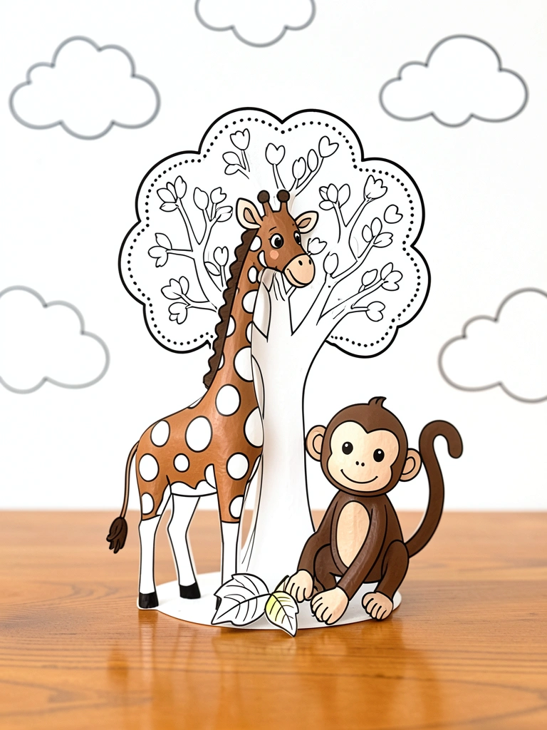 Girafa e macaco de papel machê sobre árvore estilizada, em mesa de madeira polida com luz natural e nuvens brancas ao fundo.