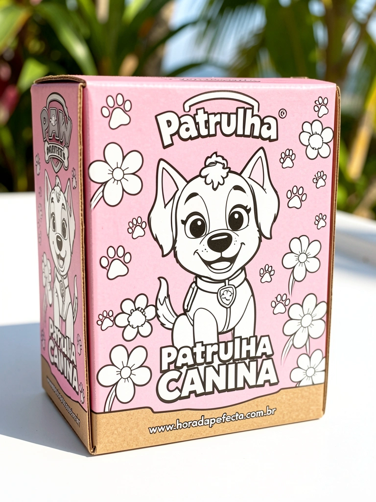 Molde de caixa de papelão com desenho da filhote Skye da Patrulha Canina, flores brancas e patinhas, logotipo e site, traços pretos em fundo branco.