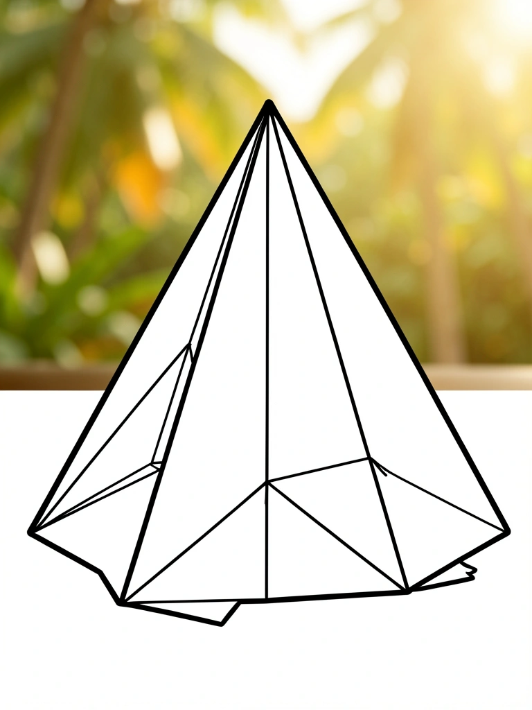 Molde de pirâmide geométrica em preto e branco, linhas precisas de corte e vinco, sobre fundo branco puro com luz natural suave.