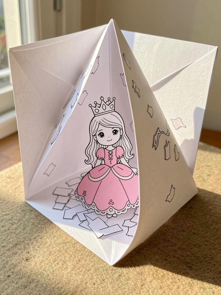 Caixa piramidal de papel branco aberta com ilustração de princesa em vestido rosa e coroa, sobre feltro cinza, luz natural suave.