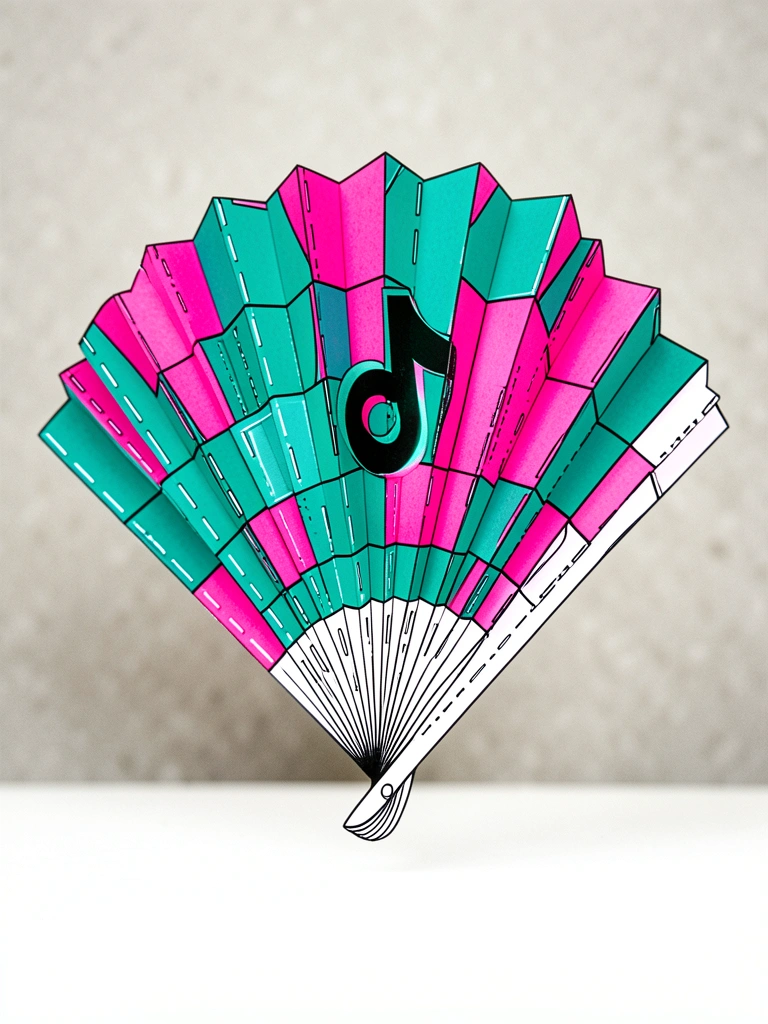 Leque de papel geométrico com padrão xadrez em teal e rosa, linhas brancas tracejadas e logo do TikTok preto, fundo cinza claro desfocado.