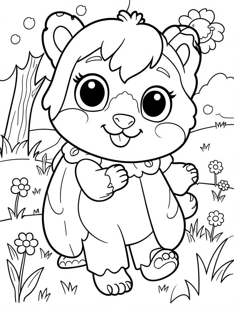 Desenho em preto e branco de uma cena infantil com brinquedos, árvores e nuvens, linhas nítidas sobre fundo branco puro.