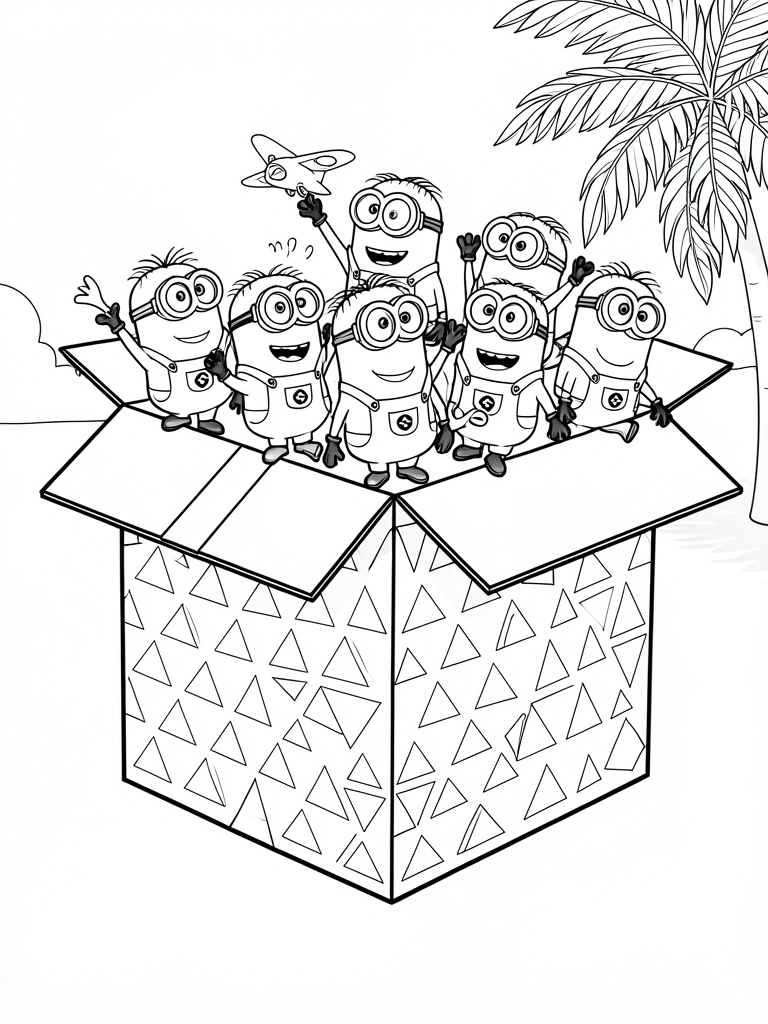 Caixa geométrica com padrão de triângulos e Minions em cima, um segurando avião, traços pretos em fundo branco.