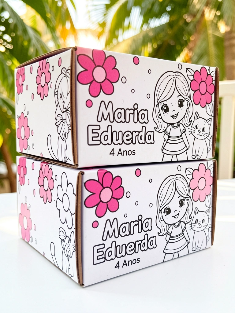 Duas caixas de presente de papelão com estampa floral rosa, bolinhas e ilustração de menina com gato, empilhadas sob luz natural.