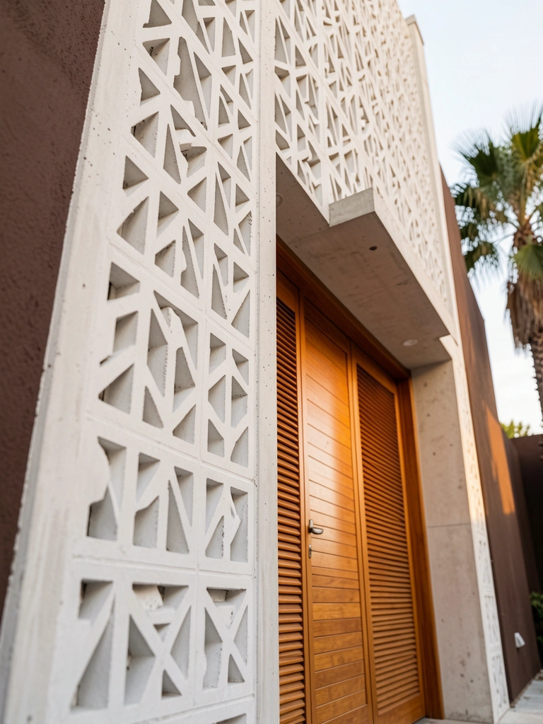 Fachada de concreto branco com padrão geométrico perfurado, grande porta de madeira com ripas horizontais, parede marrom escura ao lado e palmeira ao fundo sob luz natural quente.