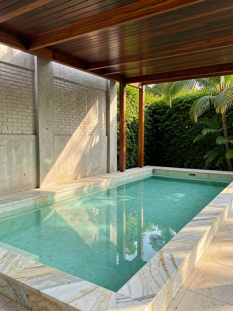 Piscina retangular de água turquesa com bordas de mármore, pérgola de madeira escura e parede de concreto texturizado sob luz natural.