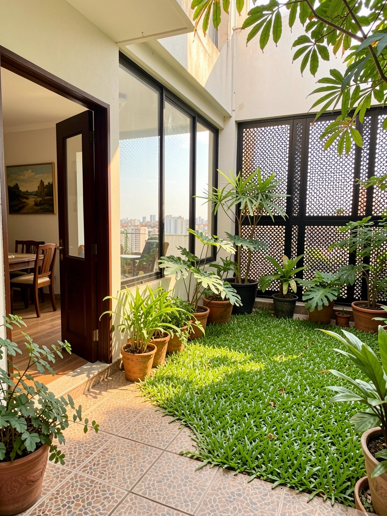 Pátio interno com gramado verde, vasos de plantas variados e tela metálica preta perfurada, luz natural do dia.
