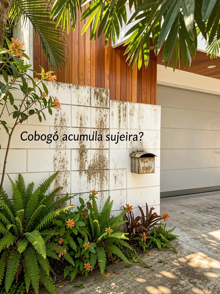 Parede branca de cobogó geométrico com manchas de sujeira, painel de madeira marrom e folhagens verdes sobre o concreto, luz natural tropical.