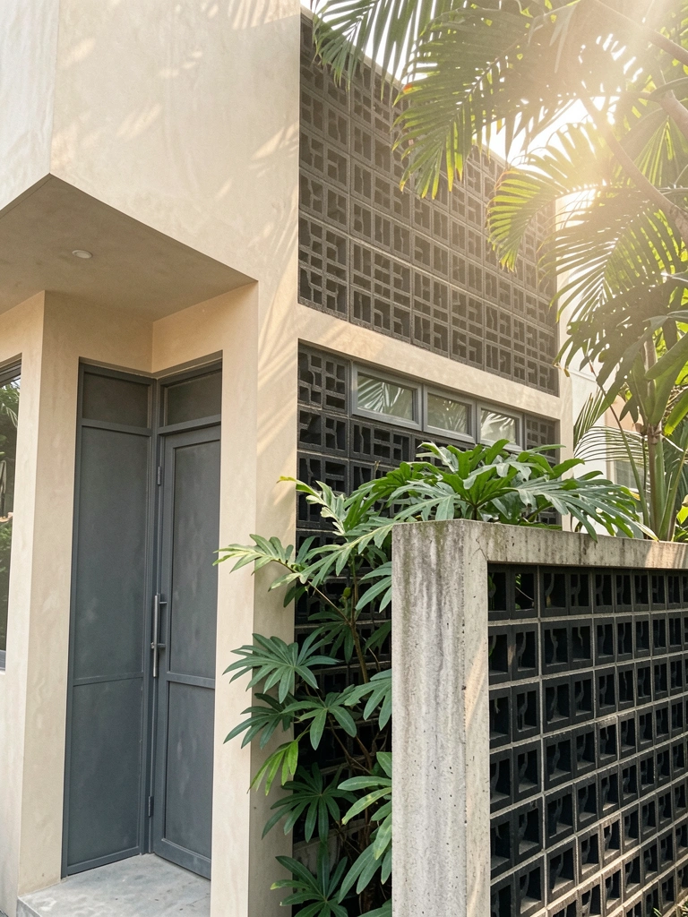 Fachada de concreto bege claro com porta metálica cinza escura, parede de tijolos pretos em padrão geométrico e folhagens verdes, luz solar filtrada.