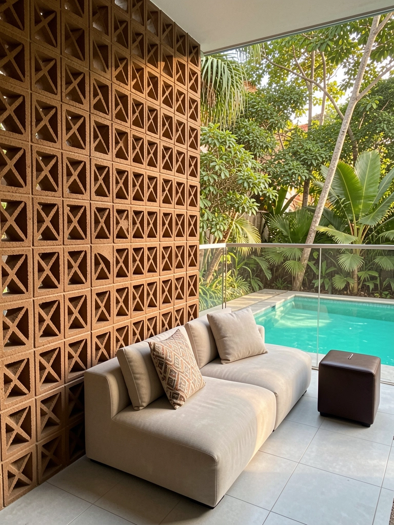 Parede de cobogó marrom texturizado, sofá modular bege com almofada estampada e piscina azul ao fundo sob luz natural filtrada.