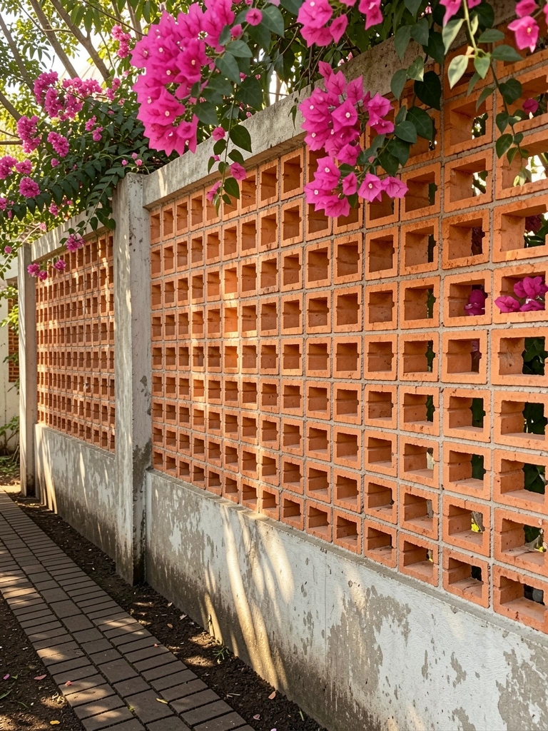Parede de concreto texturizado com treliça de tijolos terracota e laranja, parcialmente coberta por buganvílias rosa, caminho estreito de tijolos escuros e solo, luz solar filtrada.