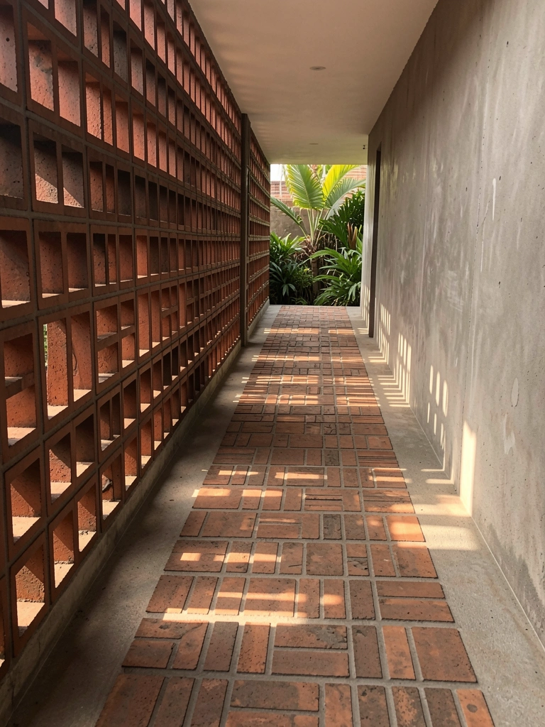 Passarela estreita de tijolos marrom-avermelhados e concreto, com painéis geométricos escuros de um lado e parede de concreto do outro, luz natural criando sombras rendadas, plantas tropicais ao fundo.
