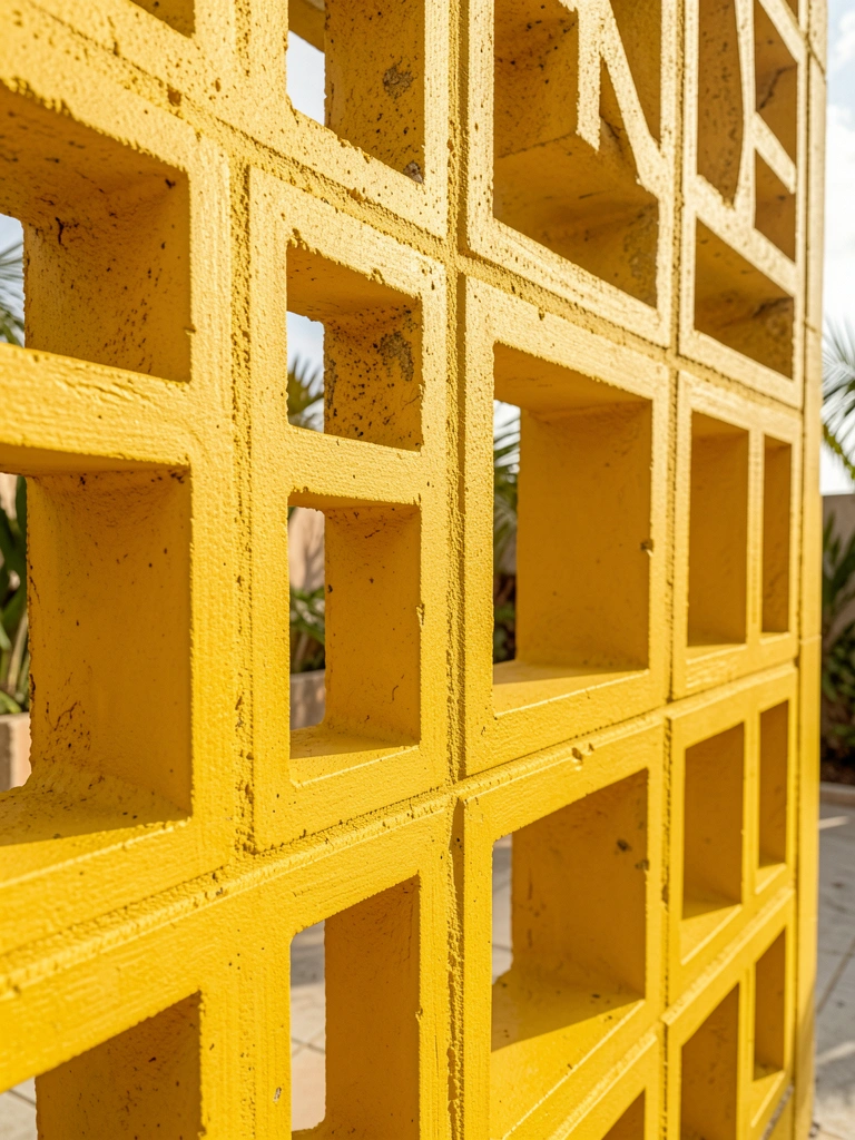 Parede de cobogó amarelo com recortes retangulares, textura de concreto e luz natural criando sombras suaves.