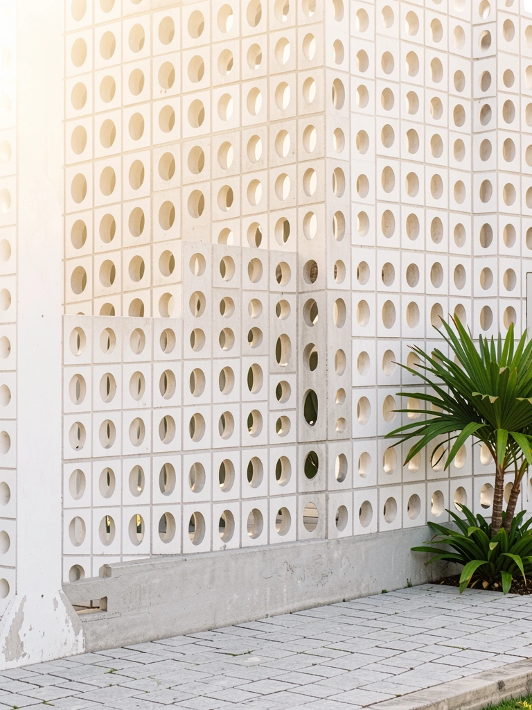 Fachada de concreto cinza claro com painéis de cobogó de padrão circular, vaso com planta verde à direita, piso de pedra e luz natural suave.