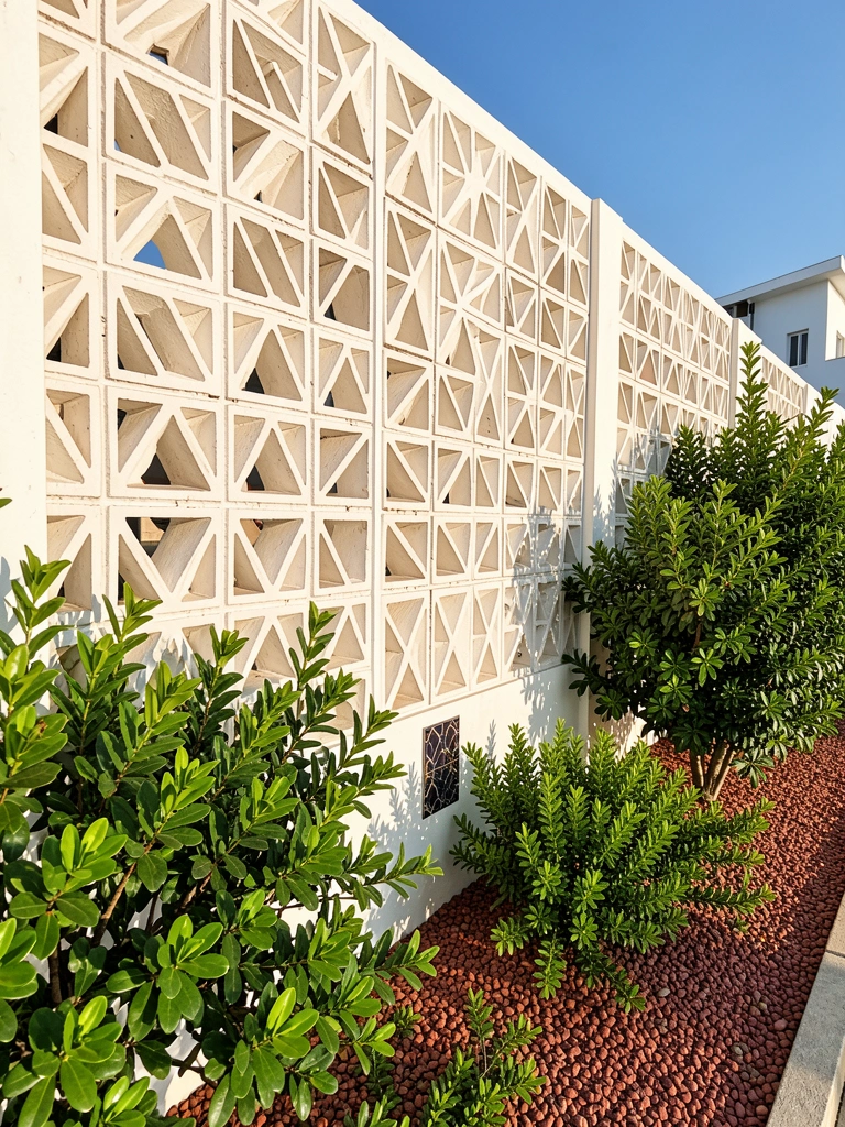 Parede branca com cobogó hexagonal em tijolos triangulares, arbustos verdes densos e cascalho marrom-avermelhado, azulejo decorativo escuro na base, luz natural do dia.