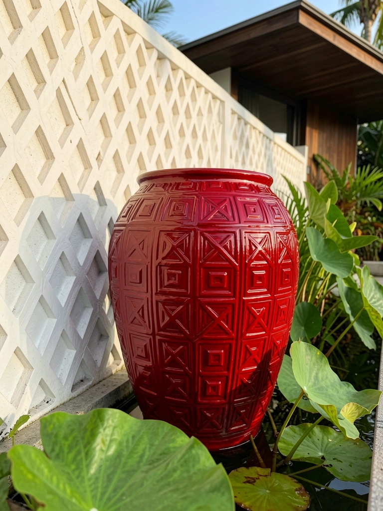 Vaso de cerâmica vermelha ornamentado com padrão geométrico brilhante, parede texturizada branca com treliça, folhagem verde e água rasa, luz natural.