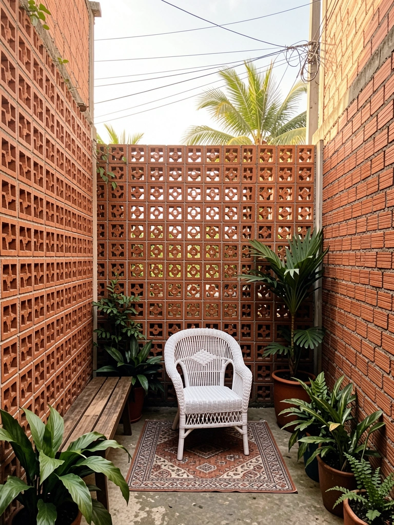Parede de cobogó de tijolos vermelhos com perfurações, poltrona de vime branca sobre tapete estampado e banco de madeira, plantas verdes em vasos, luz natural quente.
