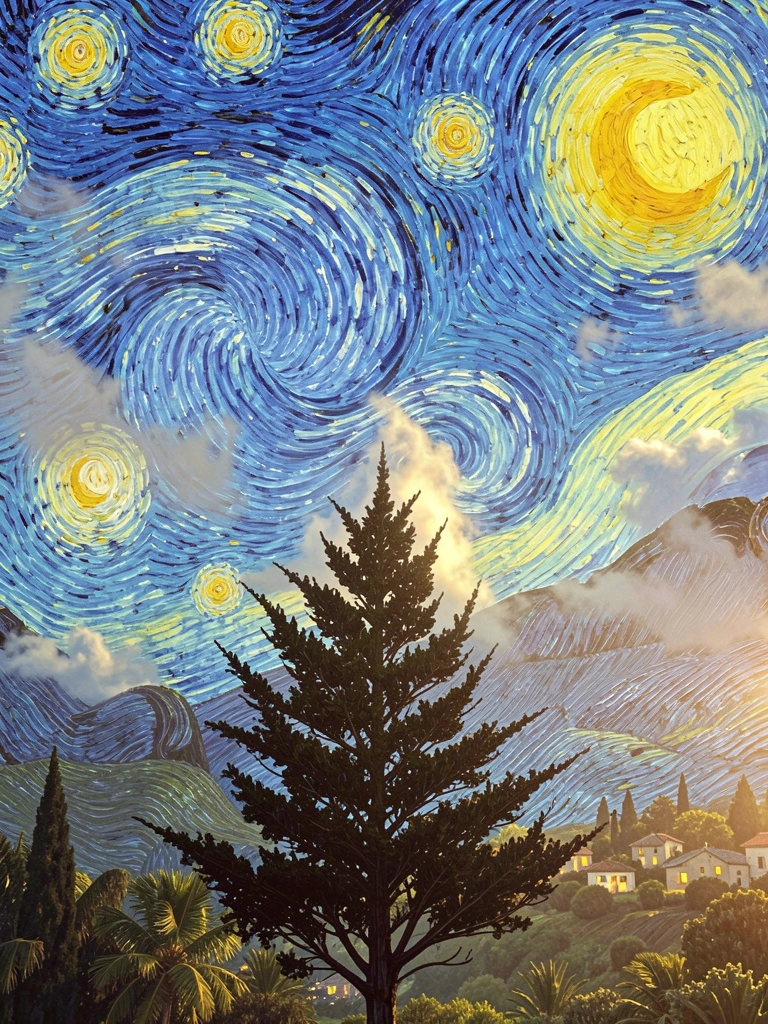Lua amarela e estrelas texturizadas em céu azul e amarelo giratório, com cipreste escuro e vila iluminada ao fundo, sob luz natural difusa.