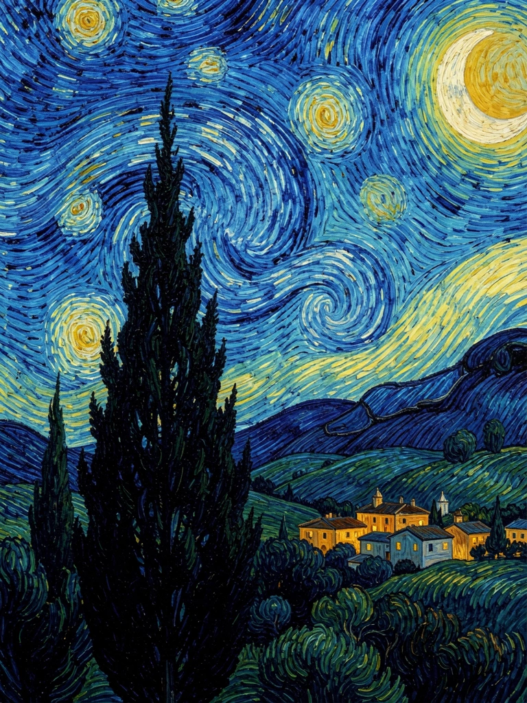 Céu noturno azul e amarelo com pinceladas espessas, cipreste escuro, colinas onduladas e vila iluminada por luzes douradas, lua crescente no canto superior direito.