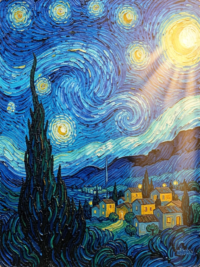 Céu noturno turbulento em azuis e amarelos, pinceladas grossas de tinta a óleo, cipreste escuro e vila iluminada com luzes douradas.
