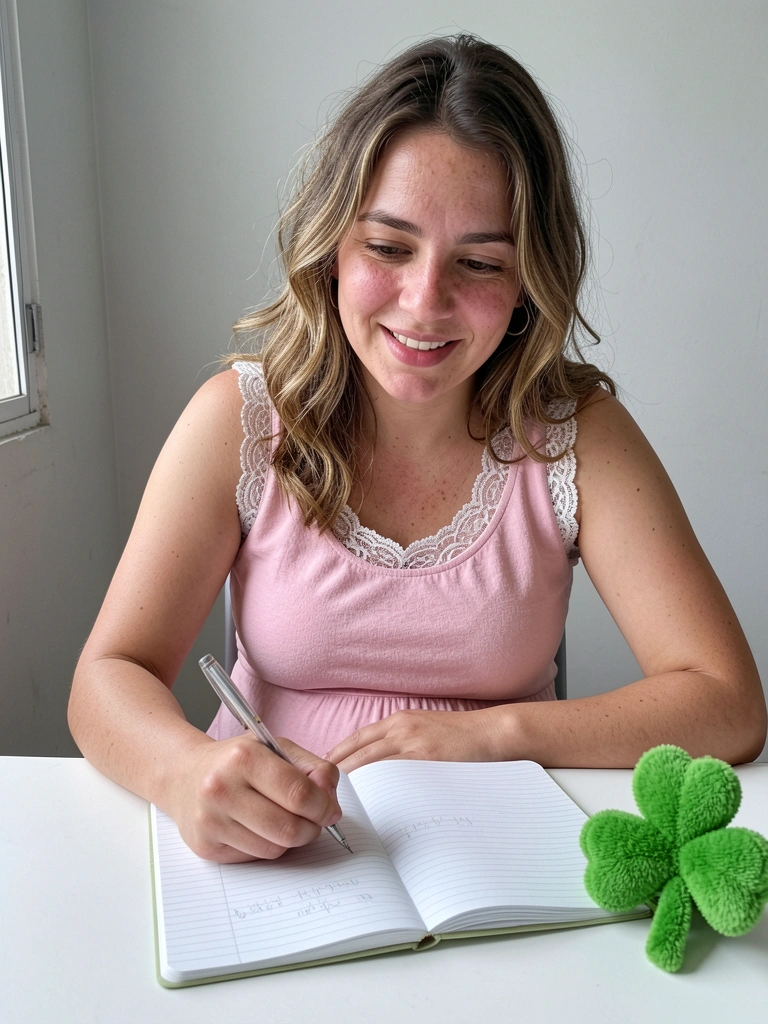 Mulher grávida escrevendo em um caderno aberto sobre a mesa, com caneta na mão.